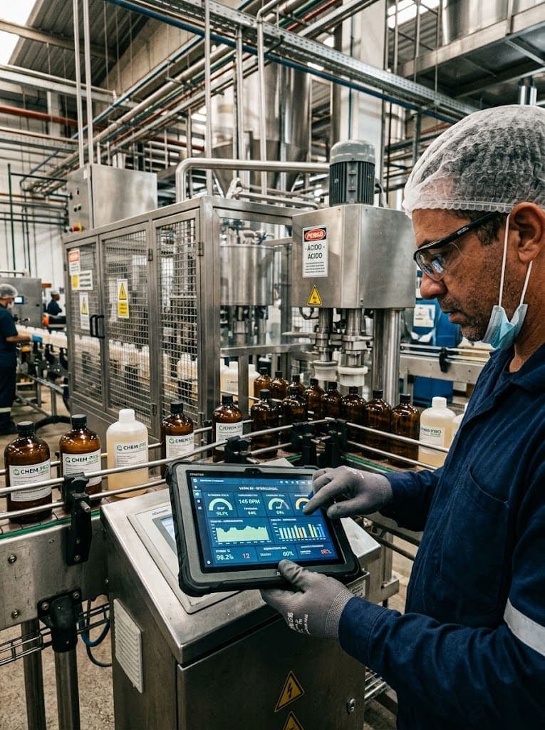 Profissional de indústria acompanhando indicadores de produção em um painel digital